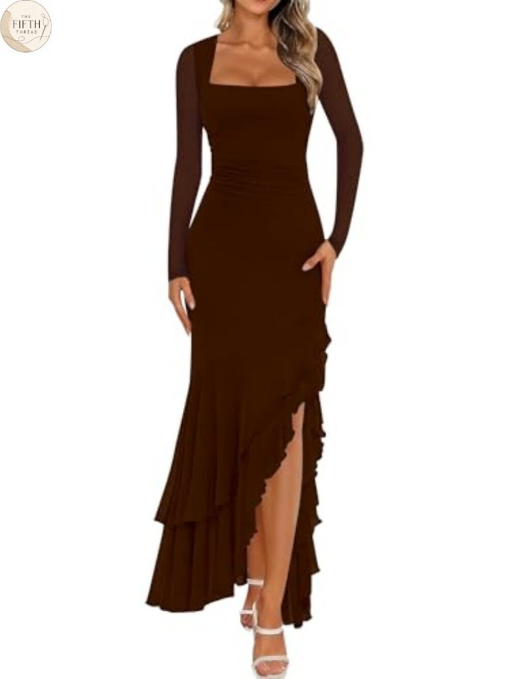 Women's Long Sleeve Bodycon Maxi Dress Square Neck High Slit Formal